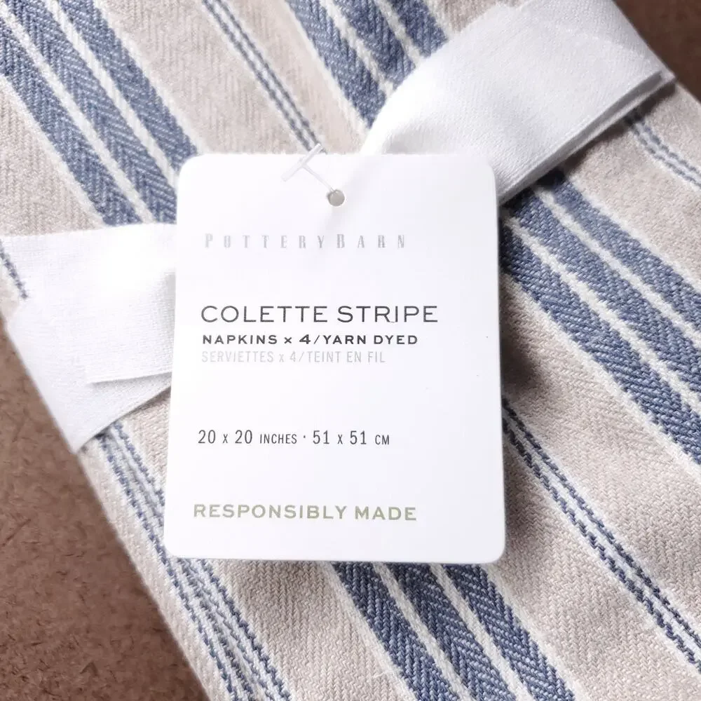 Pottery Barn Colette Blue Stripe Cotton Linen Napkins Set of 4 NEW Coastal Boho